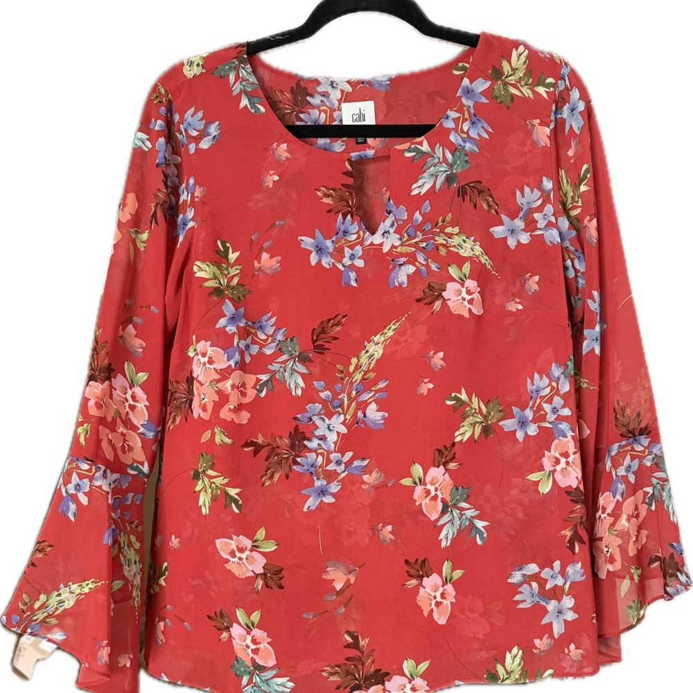CABI  Red Floral Keyhole Blouse
